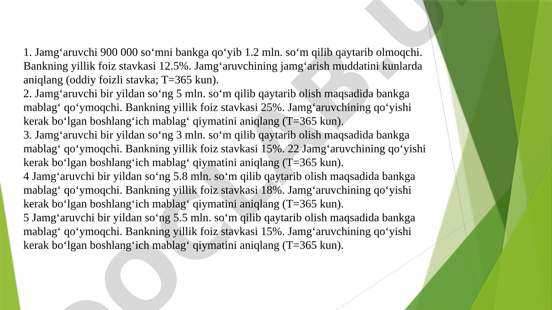 Bank depozitlari bo'yicha foiz hisoblash masalalari