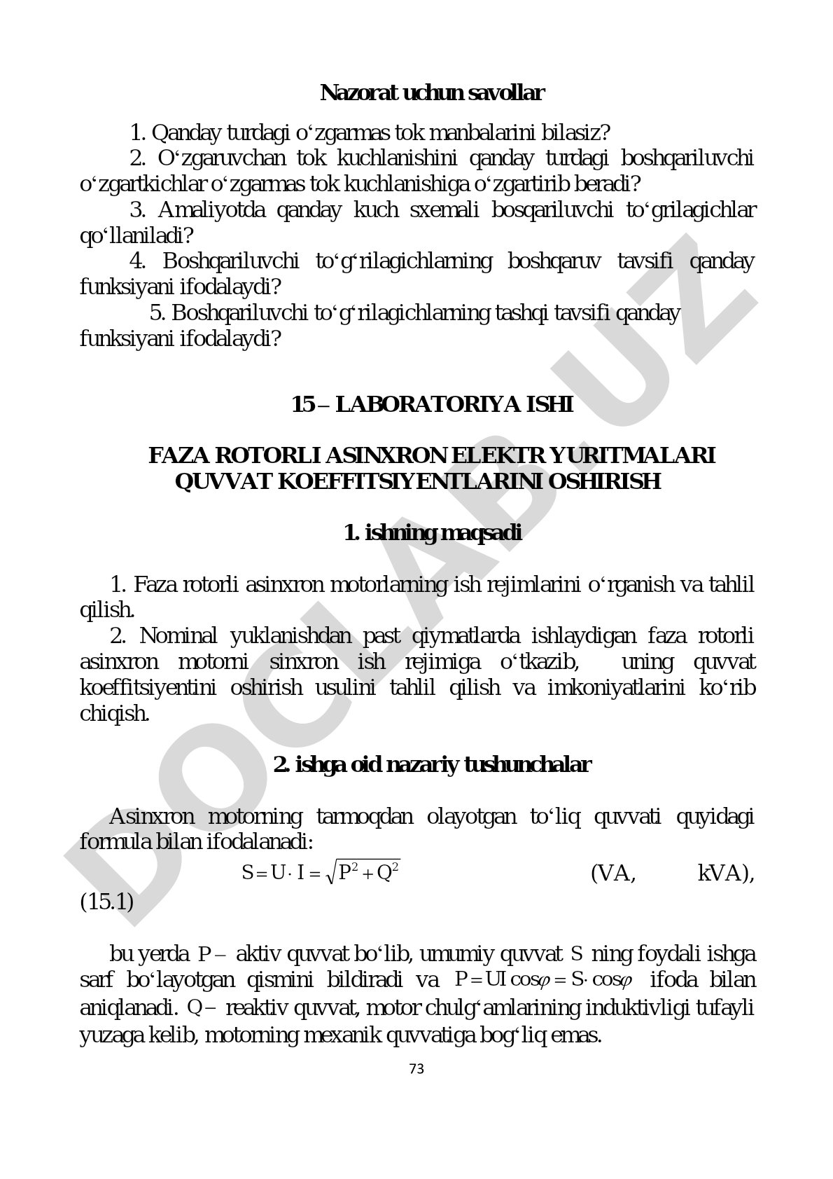 Faza rotorli asinxron elektr yuritmalari quvvat koeffitsiyentlarini oshirish
