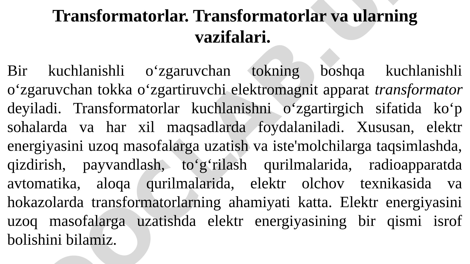 Transformatorlar va ularning vazifalari