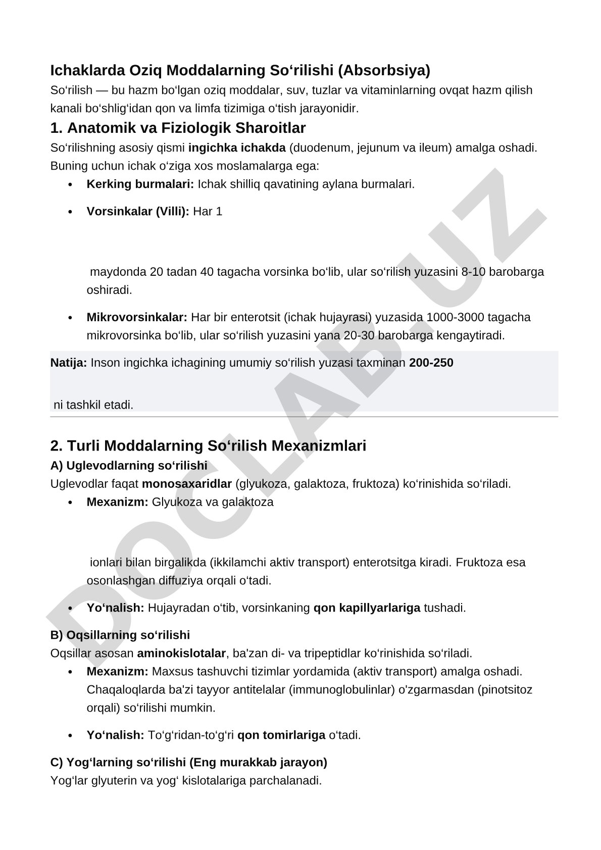 Ichaklarda Oziq Moddalarning So‘rilishi (Absorbsiya)