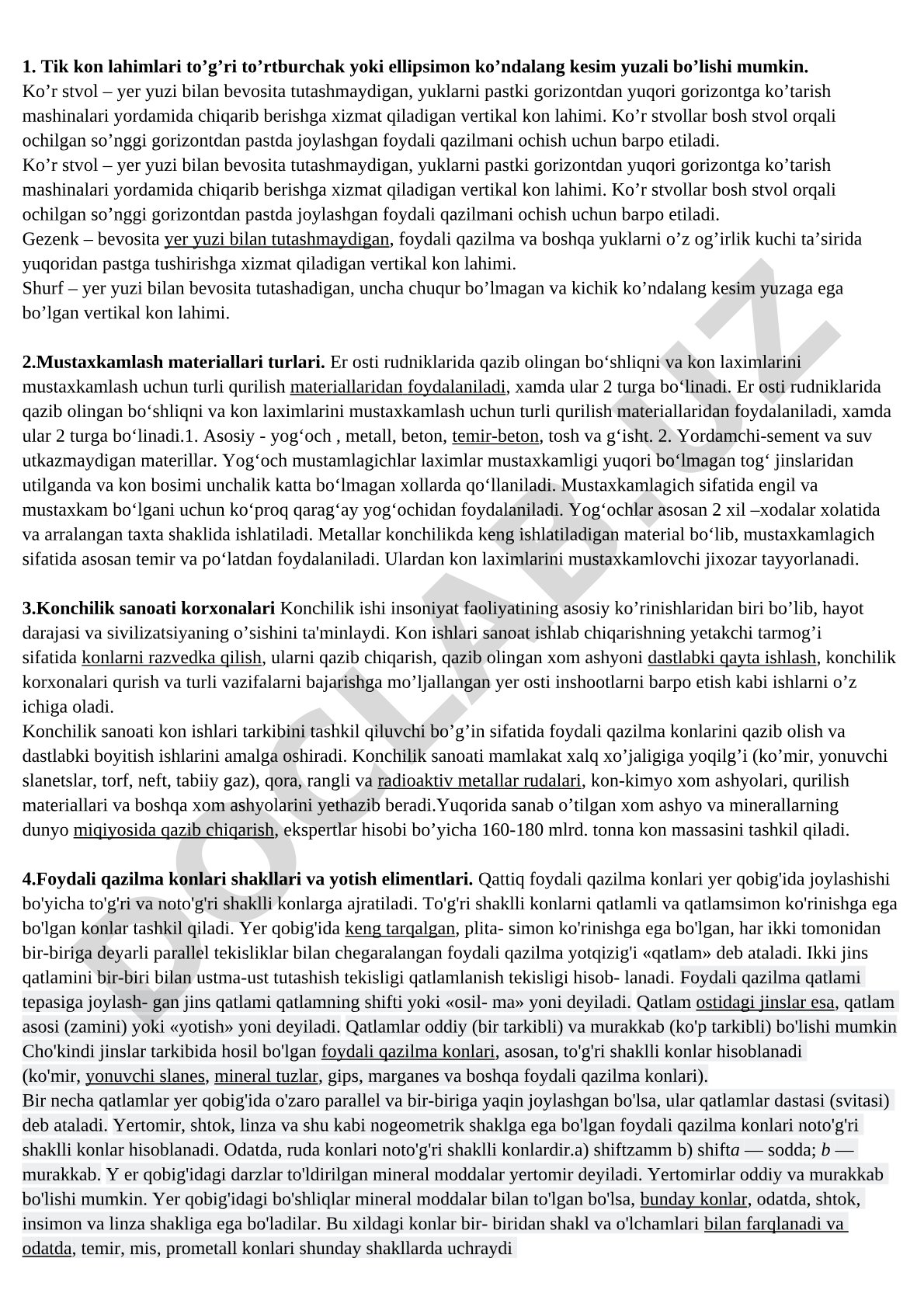 Tik kon lahimlari va Mustaxkamlash materiallari turlari
