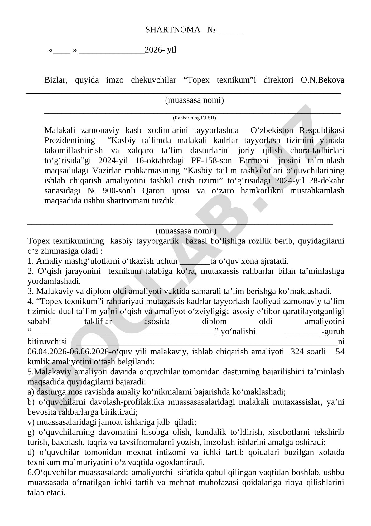 Kasbiy ta'limda ishlab chiqarish amaliyotini tashkil etish bo'yicha shartnoma