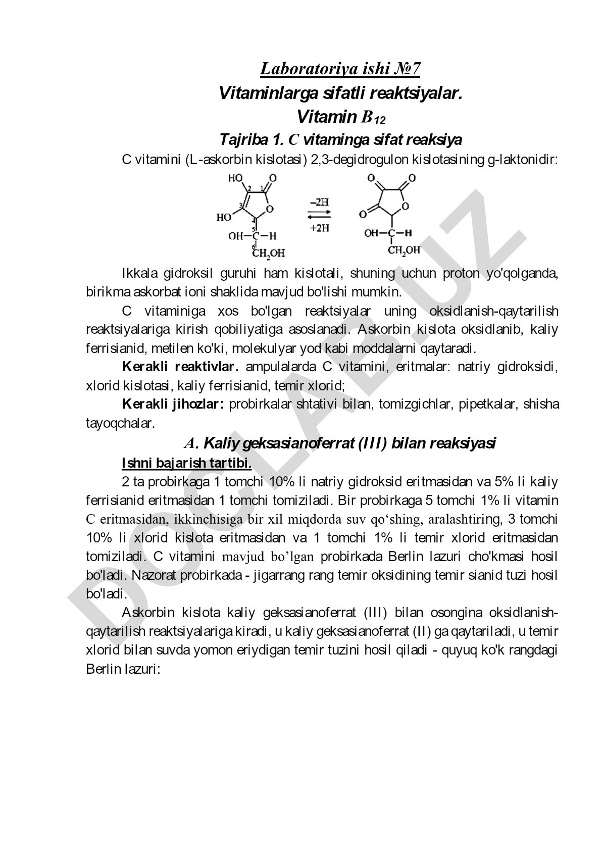 Vitaminlarga sifatli reaktsiyalar - Vitamin B12 va C vitamini tajribalari