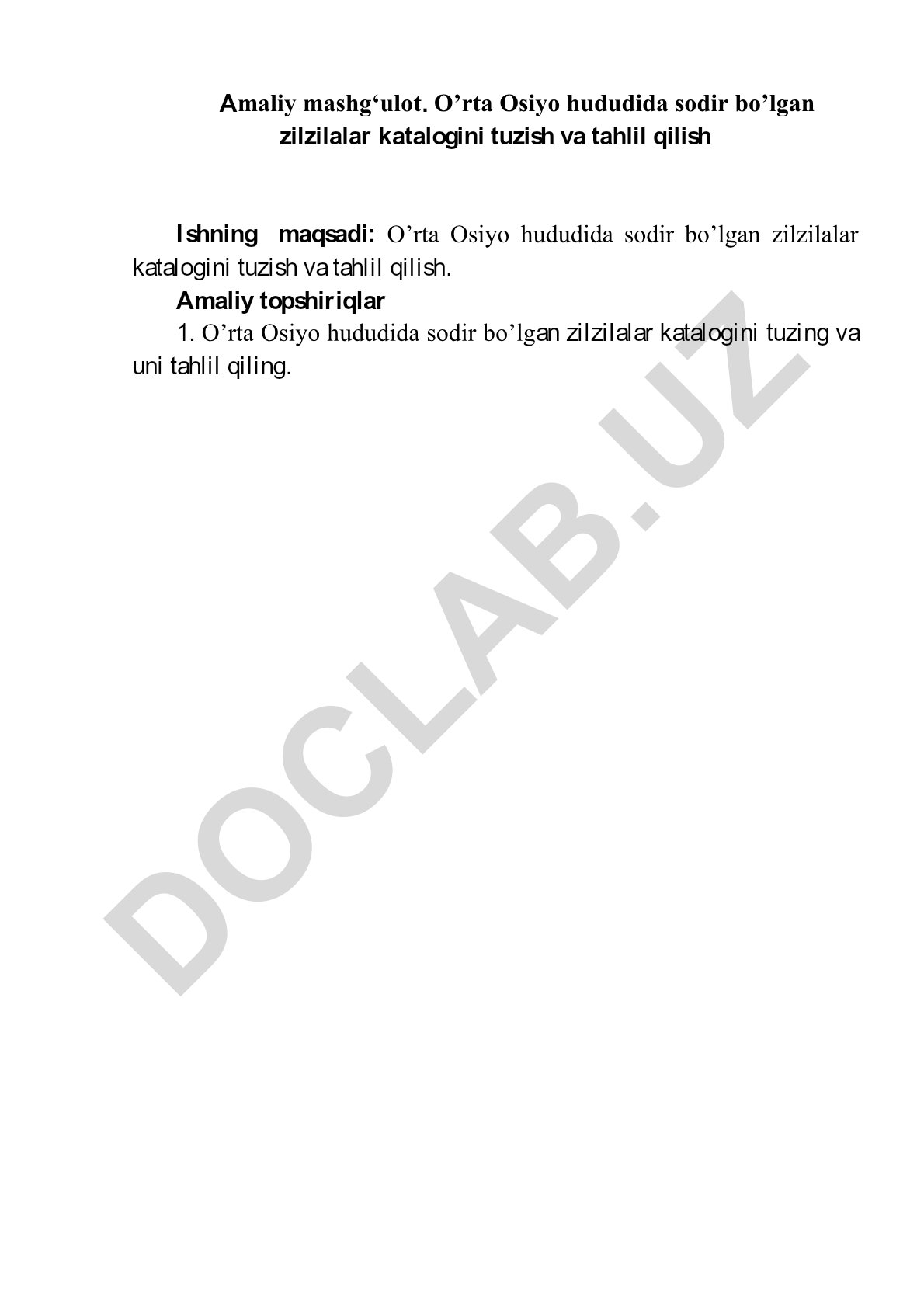 O'rta Osiyo hududida sodir bo'lgan zilzilalar katalogini tuzish va tahlil qilish