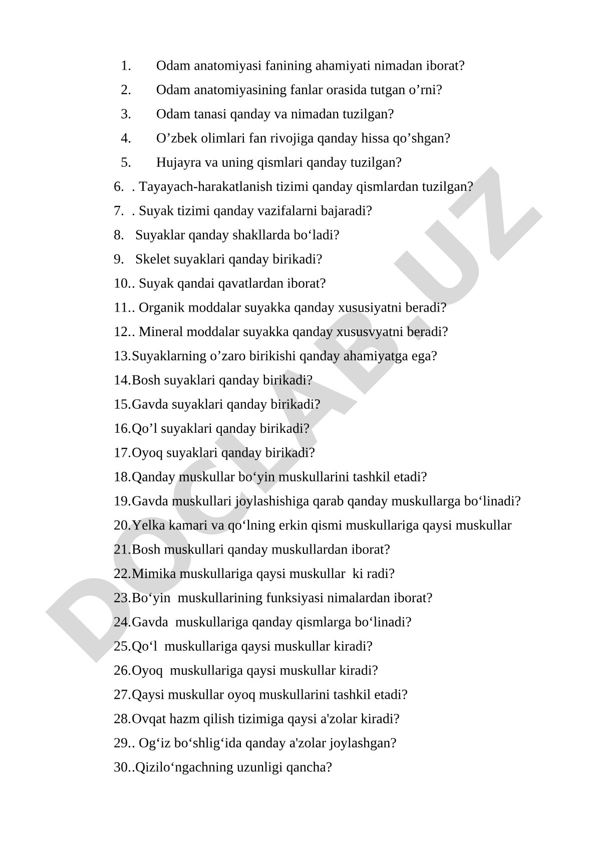 Odam anatomiyasiga oid savollar: suyak va mushak tizimlari, ularning tuzilishi va