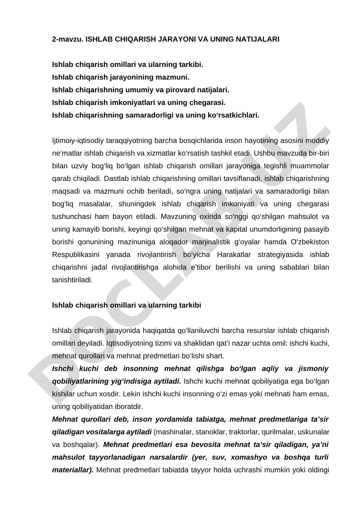 Ishlab chiqarish jarayoni va uning natijalari