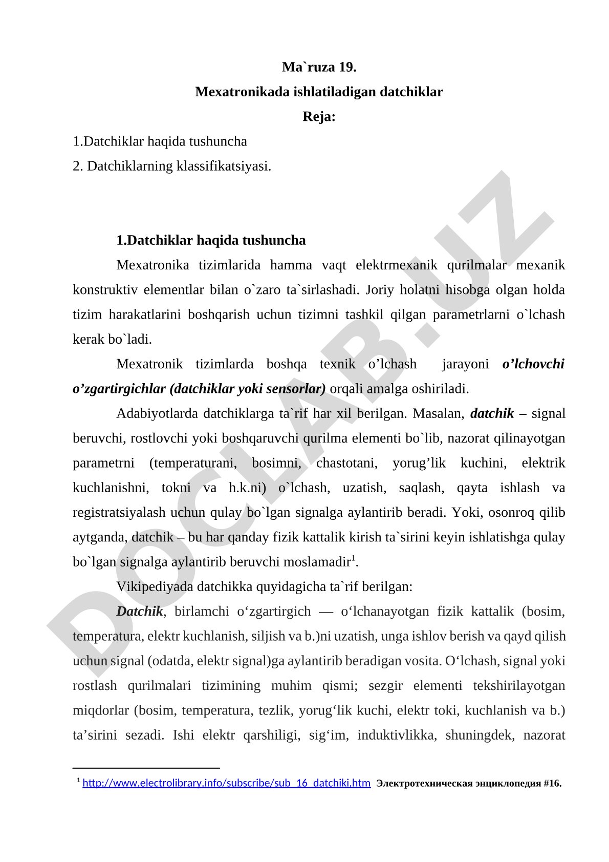 Datchiklar ta'rifi, vazifasi va klassifikatsiyasi