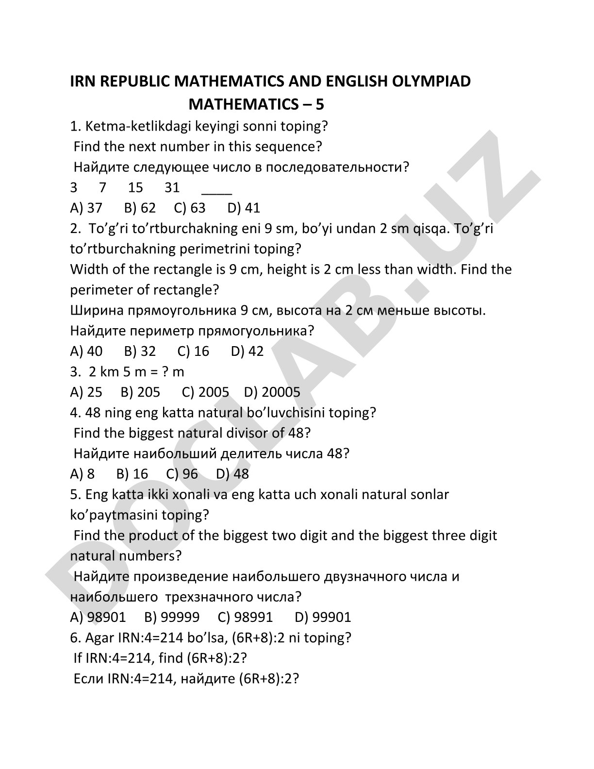 IRN REPUBLIC MATHEMATICS AND ENGLISH OLYMPIAD MATHEMATICS – 5