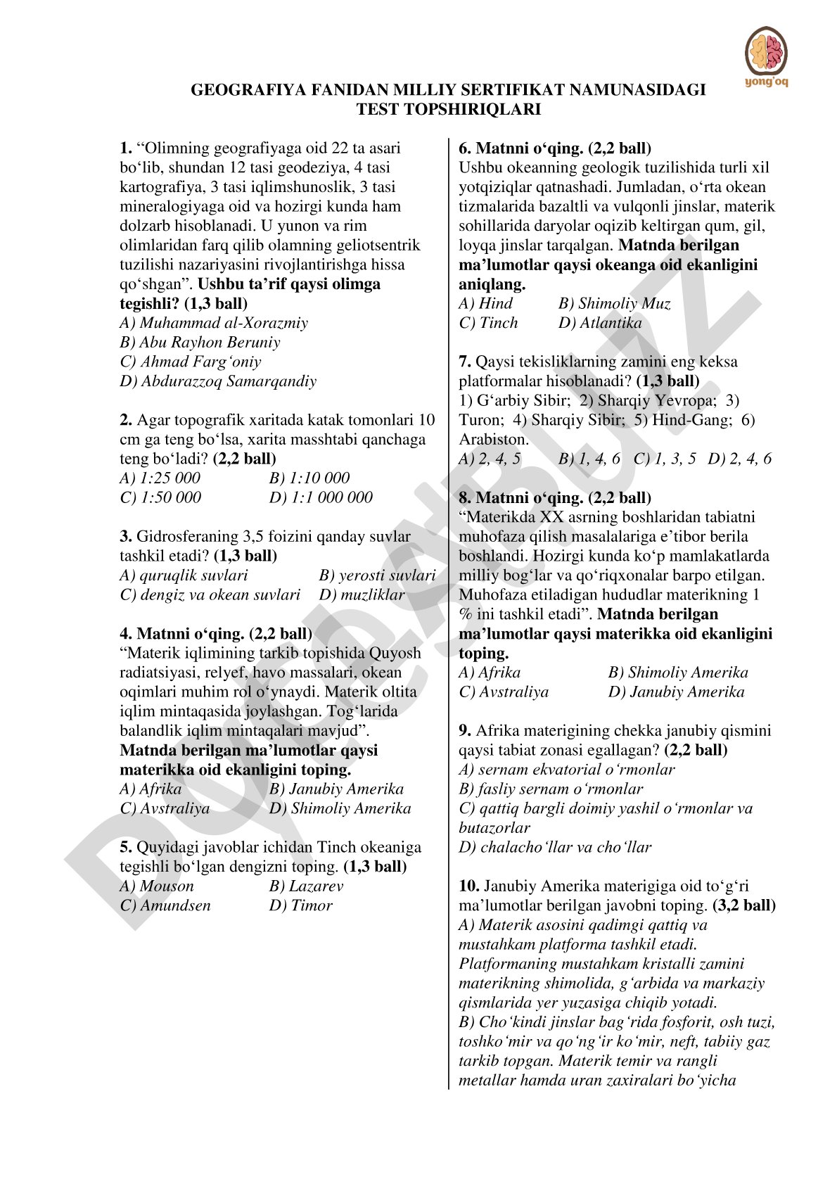 GEOGRAFIYA FANIDAN MILLIY SERTIFIKAT NAMUNASIDAGI TEST TOPSHIRIQLARI