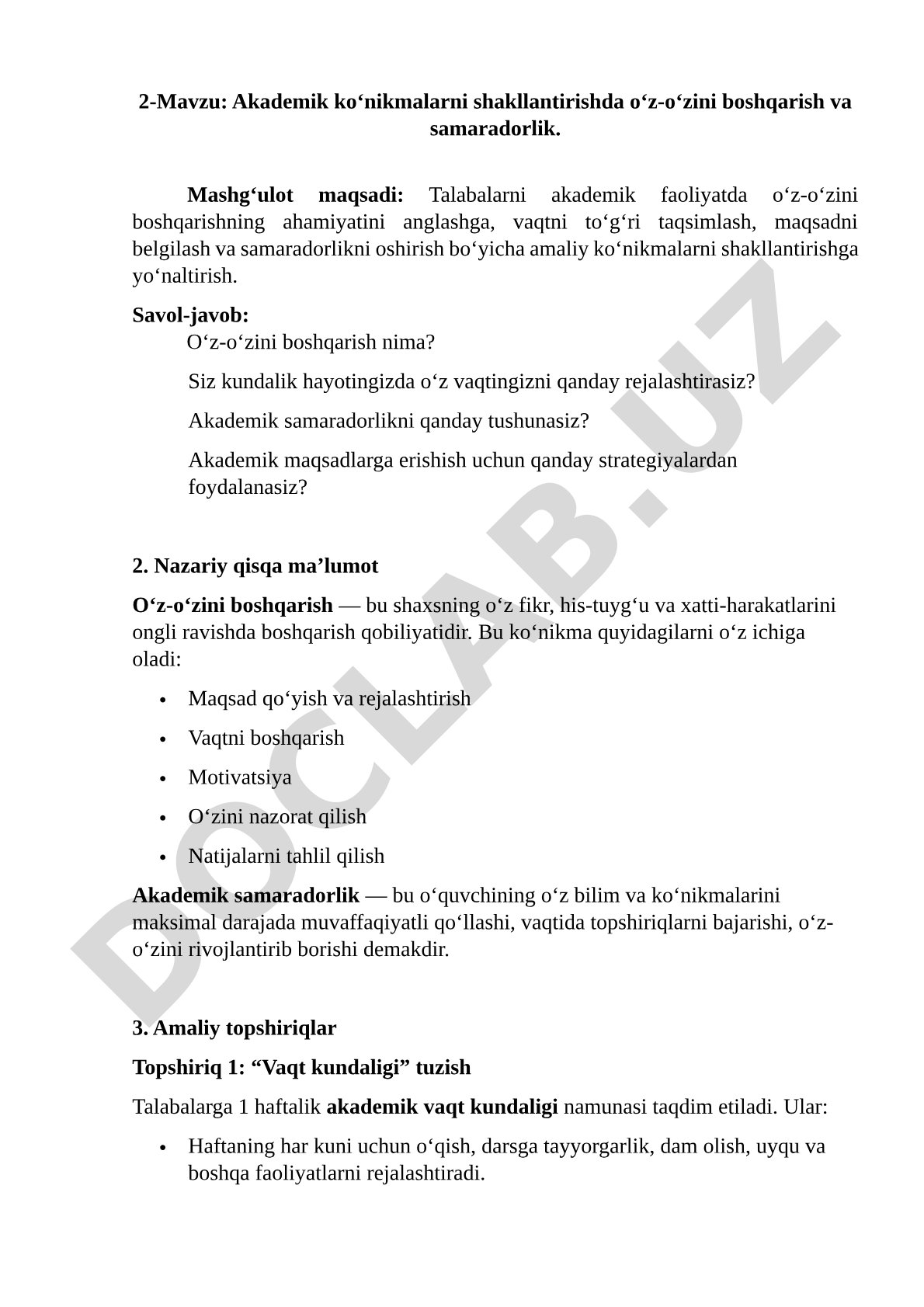 Akademik ko‘nikmalarni shakllantirishda o‘z-o‘zini boshqarish va samaradorlik