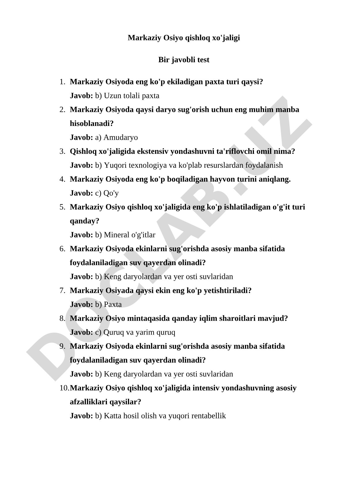 Markaziy Osiyo qishloq xo'jaligi Bir javobli test