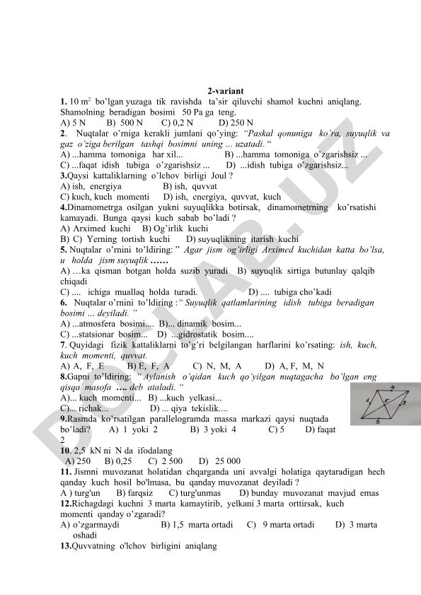 Fizika fanidan test savollari va javoblari
