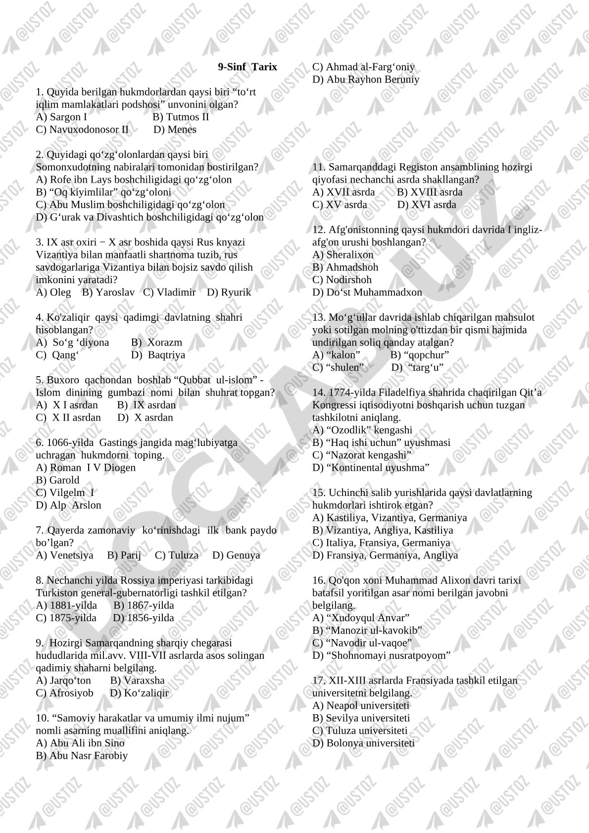 9-sinf tarix fanidan test savollari