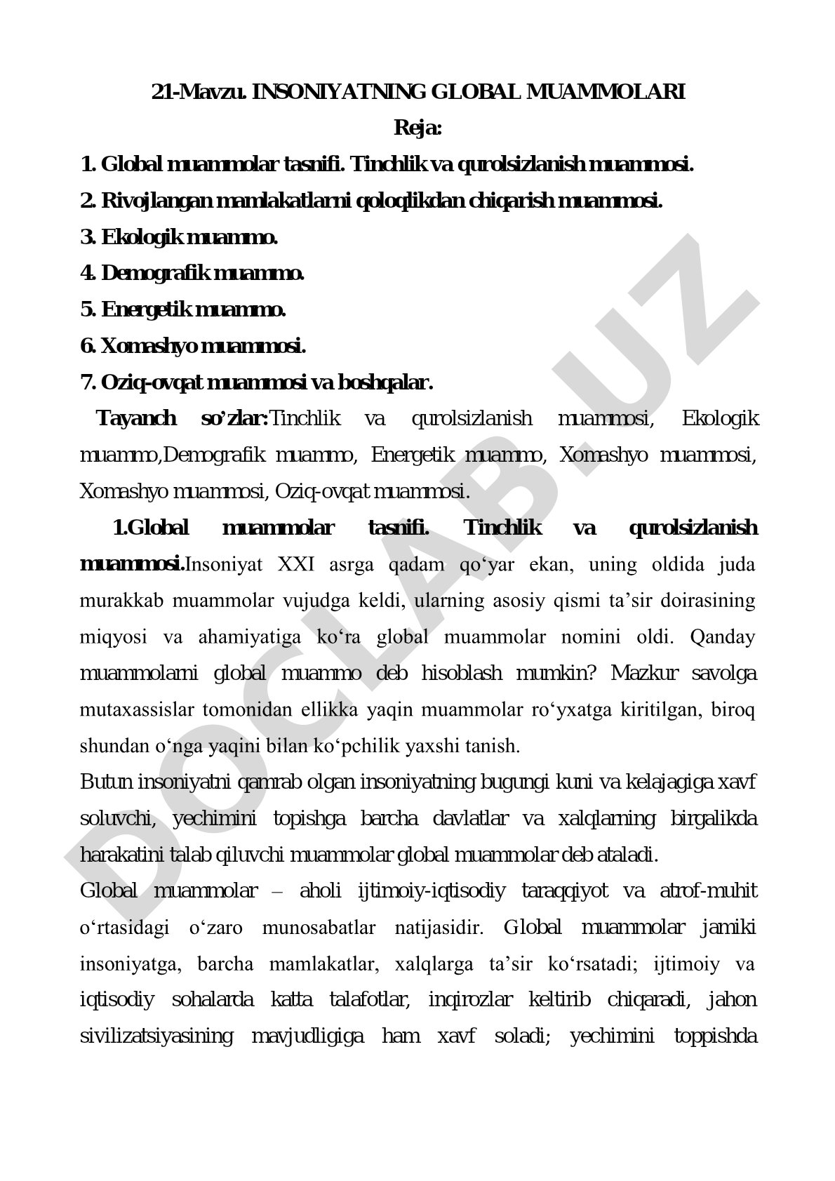Hujjatda insoniyatning global muammolari tasnifi va ularning tavsifi keltirilgan