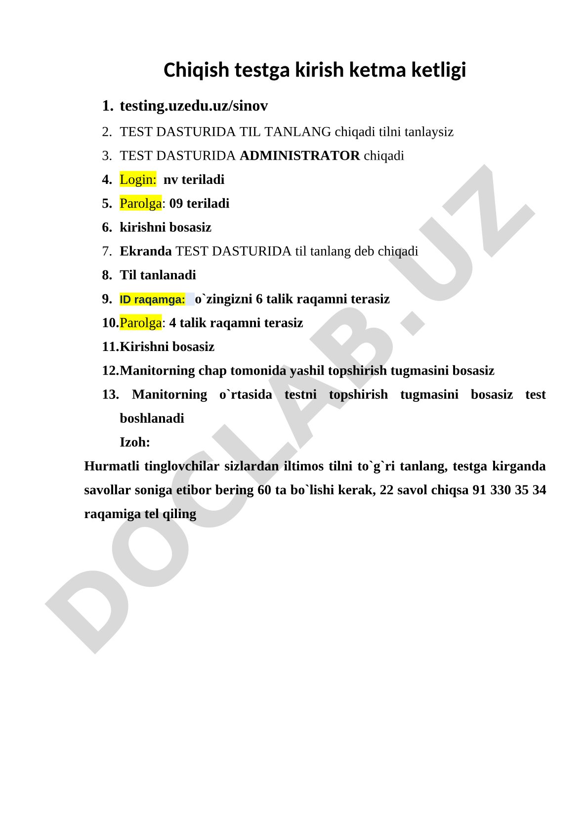 Test topshirish uchun bosqichma-bosqich ko'rsatmalar
