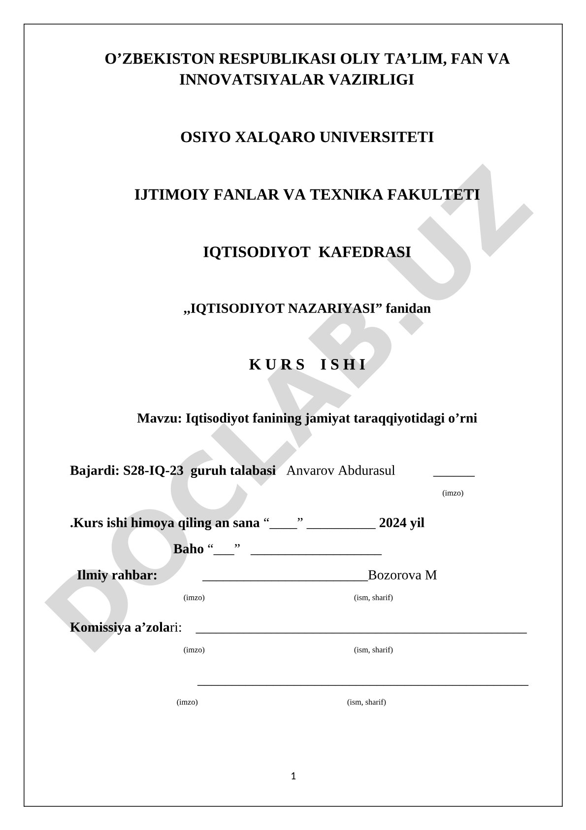 Iqtisodiyot fanining jamiyat taraqqiyotidagi o’rni