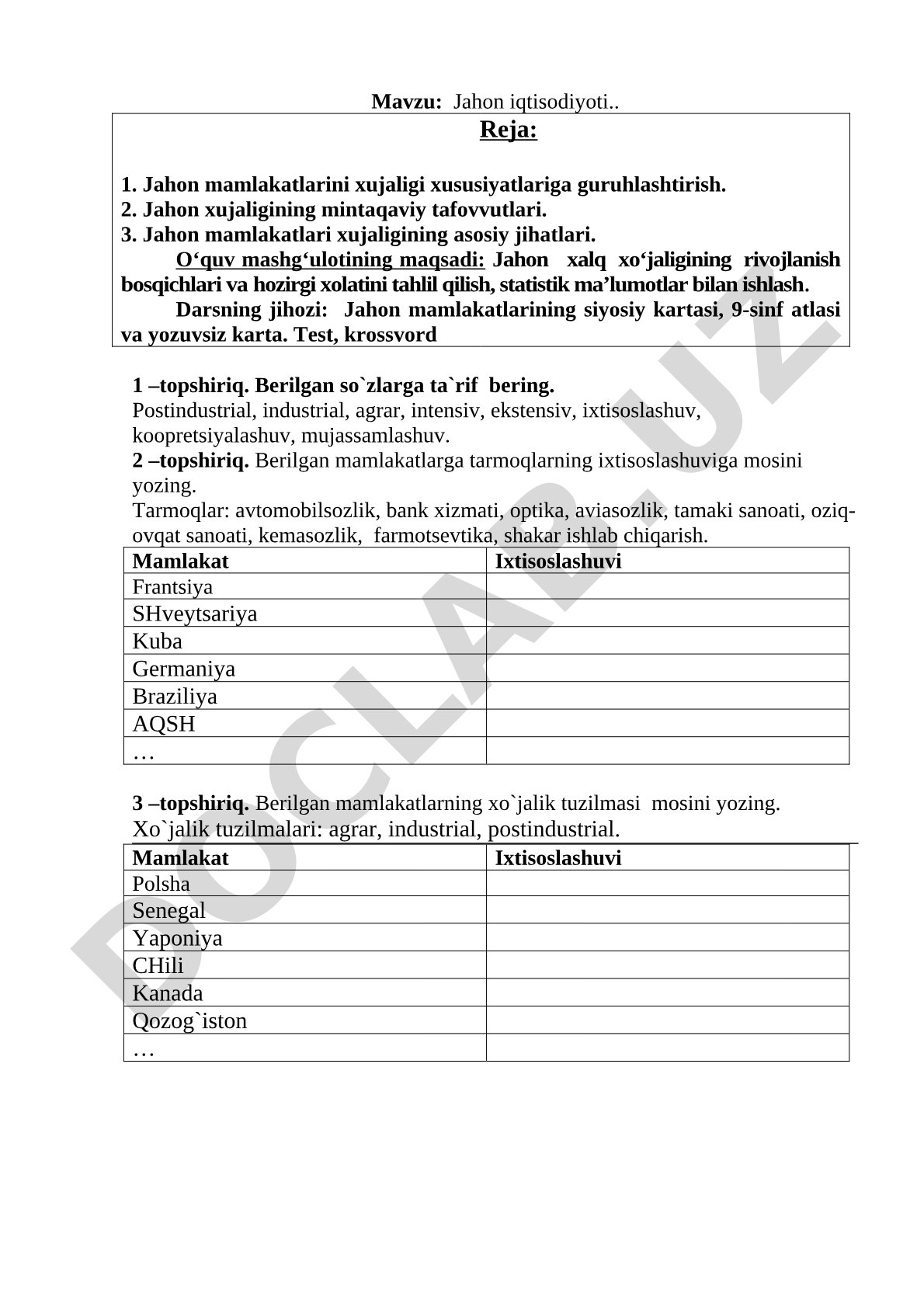 Jahon mamlakatlari xo'jaligining tuzilishi, ixtisoslashuvi va rivojlanish bosqichlari