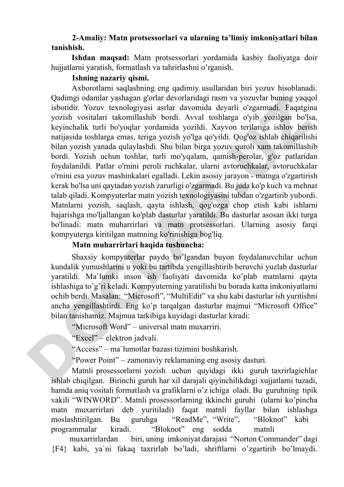 Matn protsessorlari va ularning ta’limiy imkoniyatlari bilan tanishish