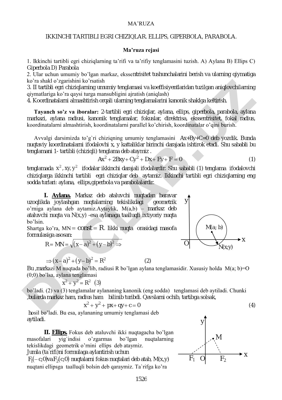 Ikkinchi tartibli egri chiziqlar: ellips, giperbola, parabola