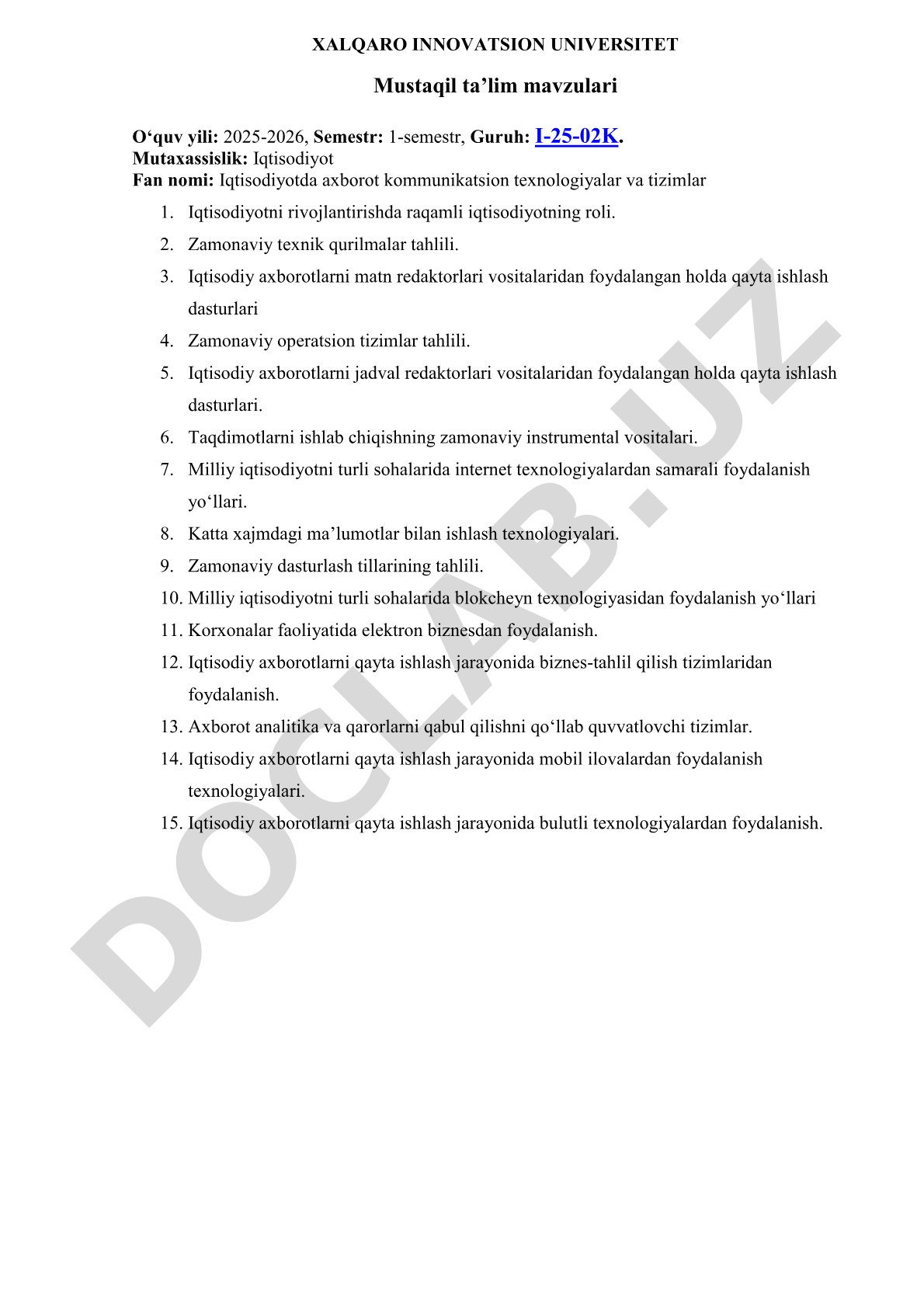 Mustaqil ta'lim mavzulari: Iqtisodiyotda axborot texnologiyalari