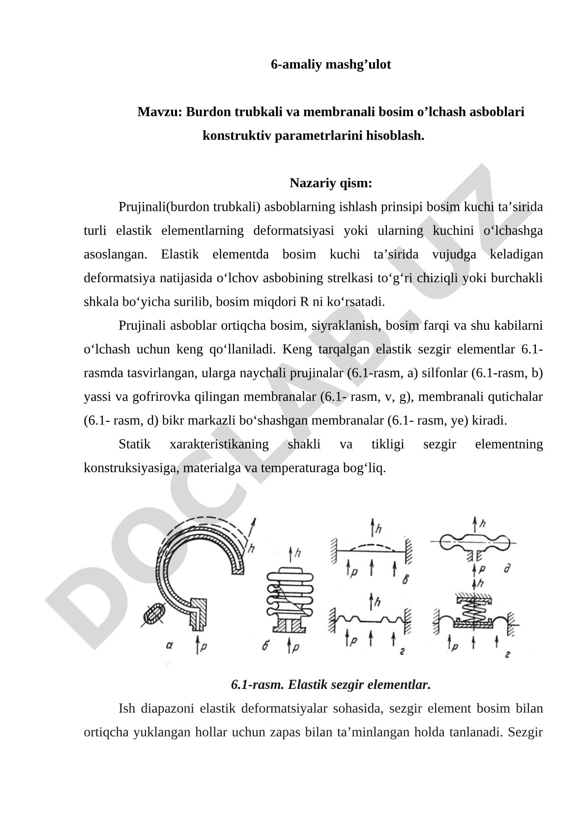 Burdon trubkali va membranali bosim o'lchash asboblari konstruktiv parametrlarini hisoblash