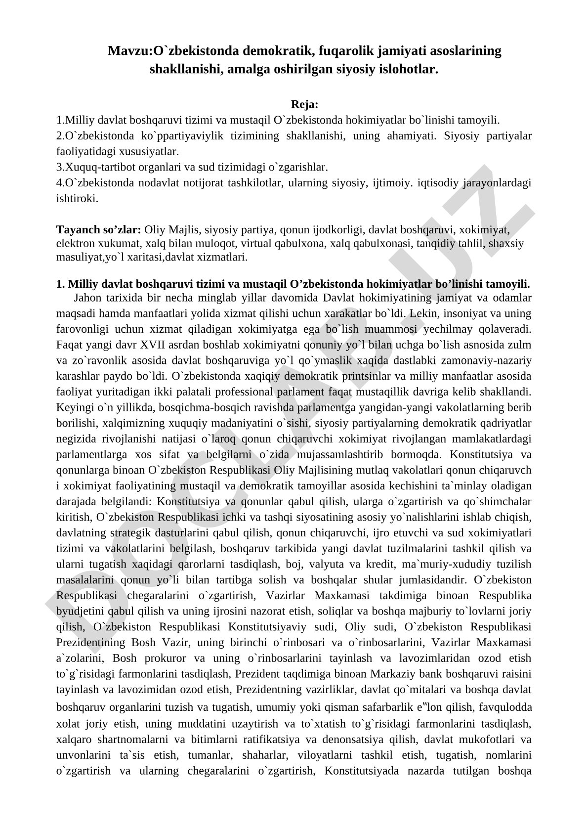 O`zbekistonda demokratik, fuqarolik jamiyati asoslarining shakllanishi, amalga oshirilgan siyosiy islohotlar