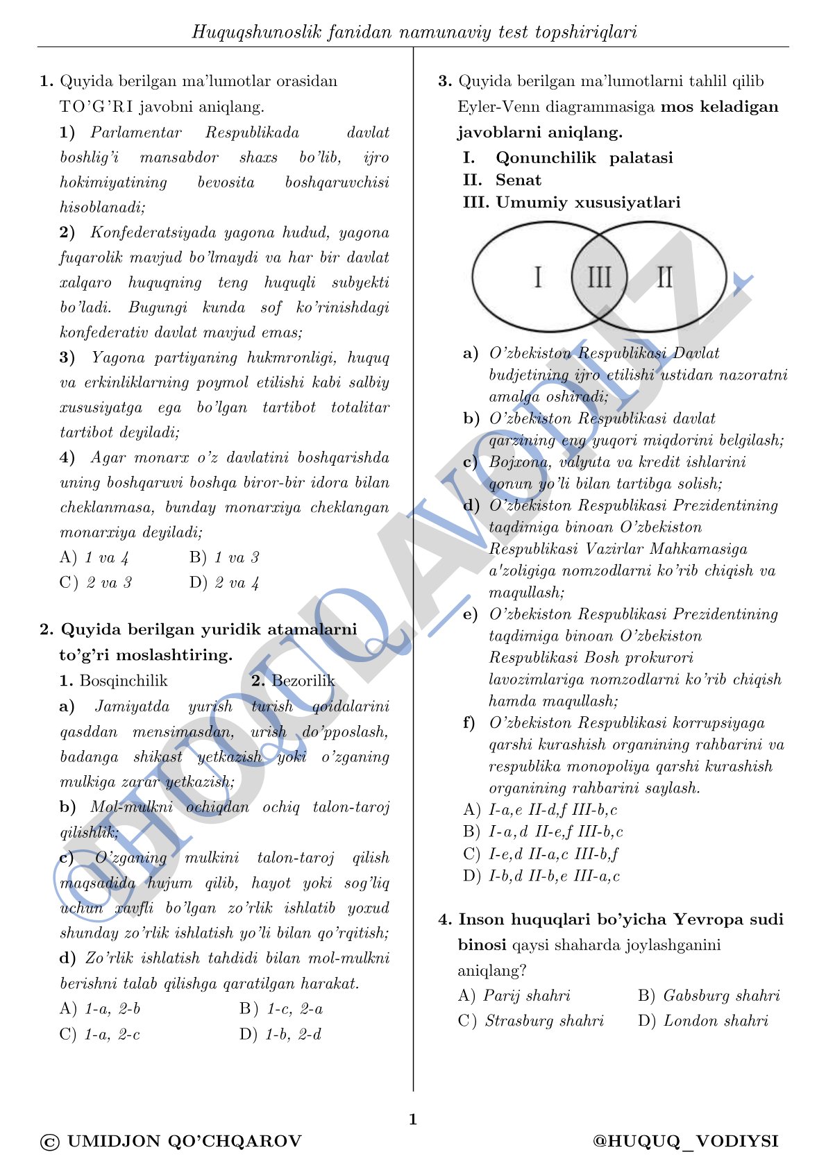 Huquqshunoslik fanidan namunaviy test topshiriqlari