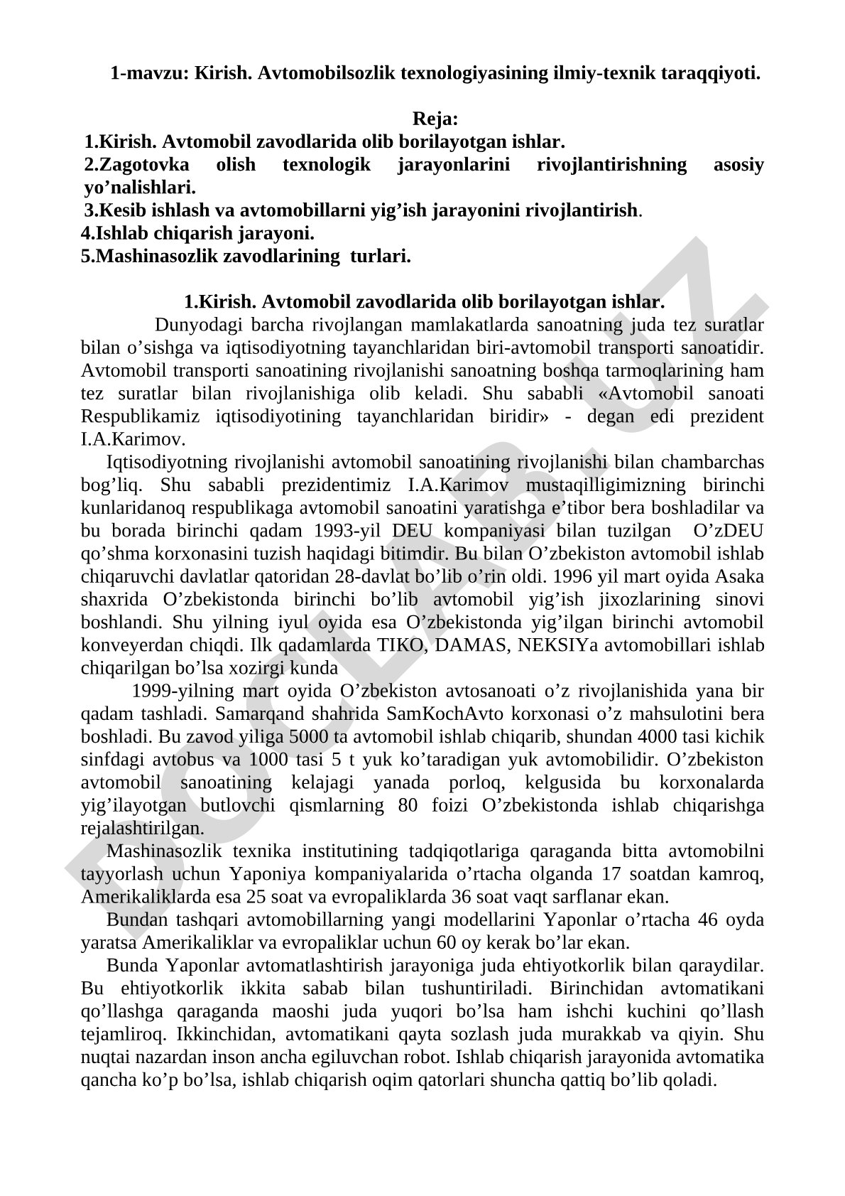 Avtomobilsozlik texnologiyasining ilmiy-texnik taraqqiyoti