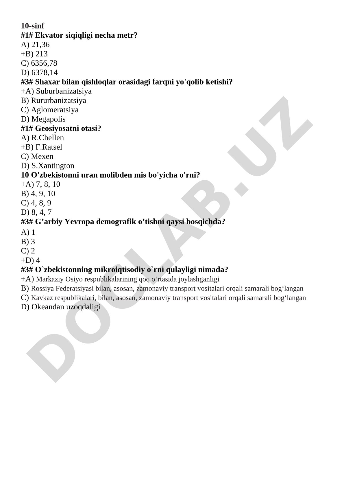 10-sinf geografiya va iqtisodiyot test savollari