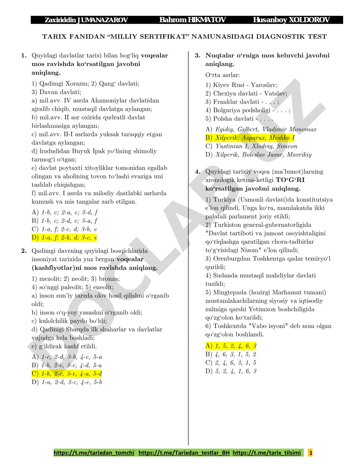 TARIX FANIDAN “MILLIY SERTIFIKAT” NAMUNASIDAGI DIAGNOSTIK TEST