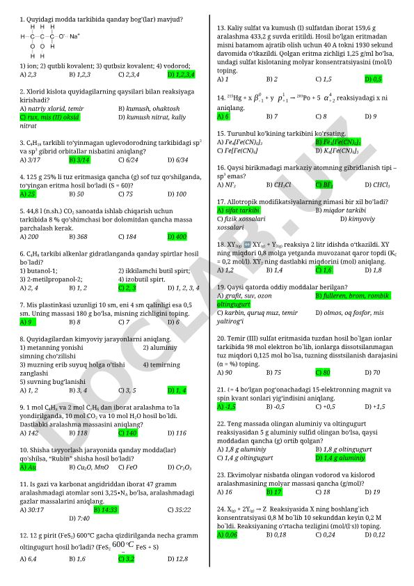 Kimyo va fizika fanlaridan test savollari