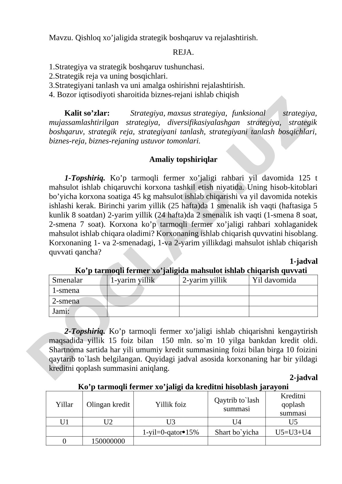 Qishloq xo’jaligida strategik boshqaruv va rejalashtirish