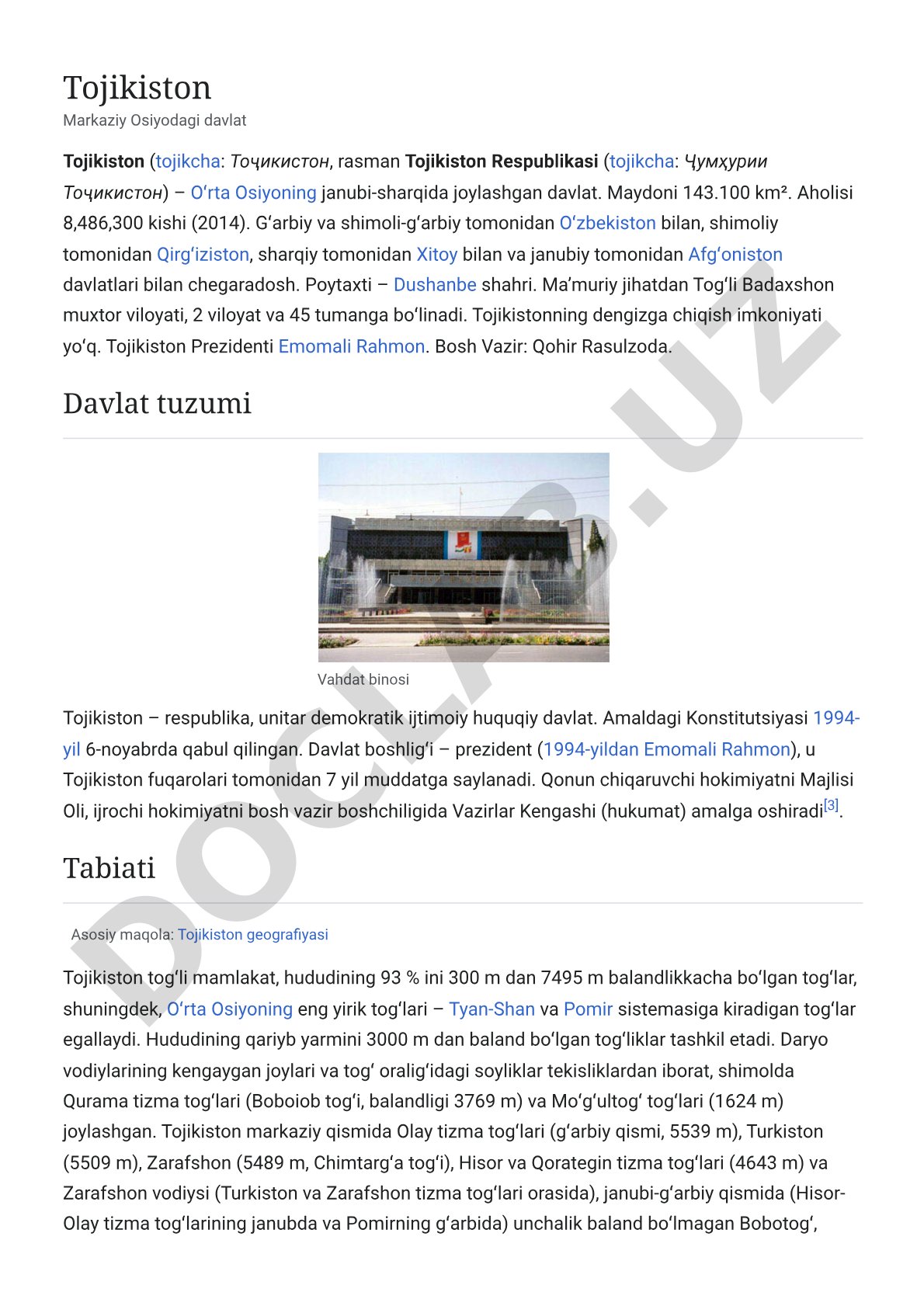 Tojikiston Respublikasi haqida umumiy ma'lumot