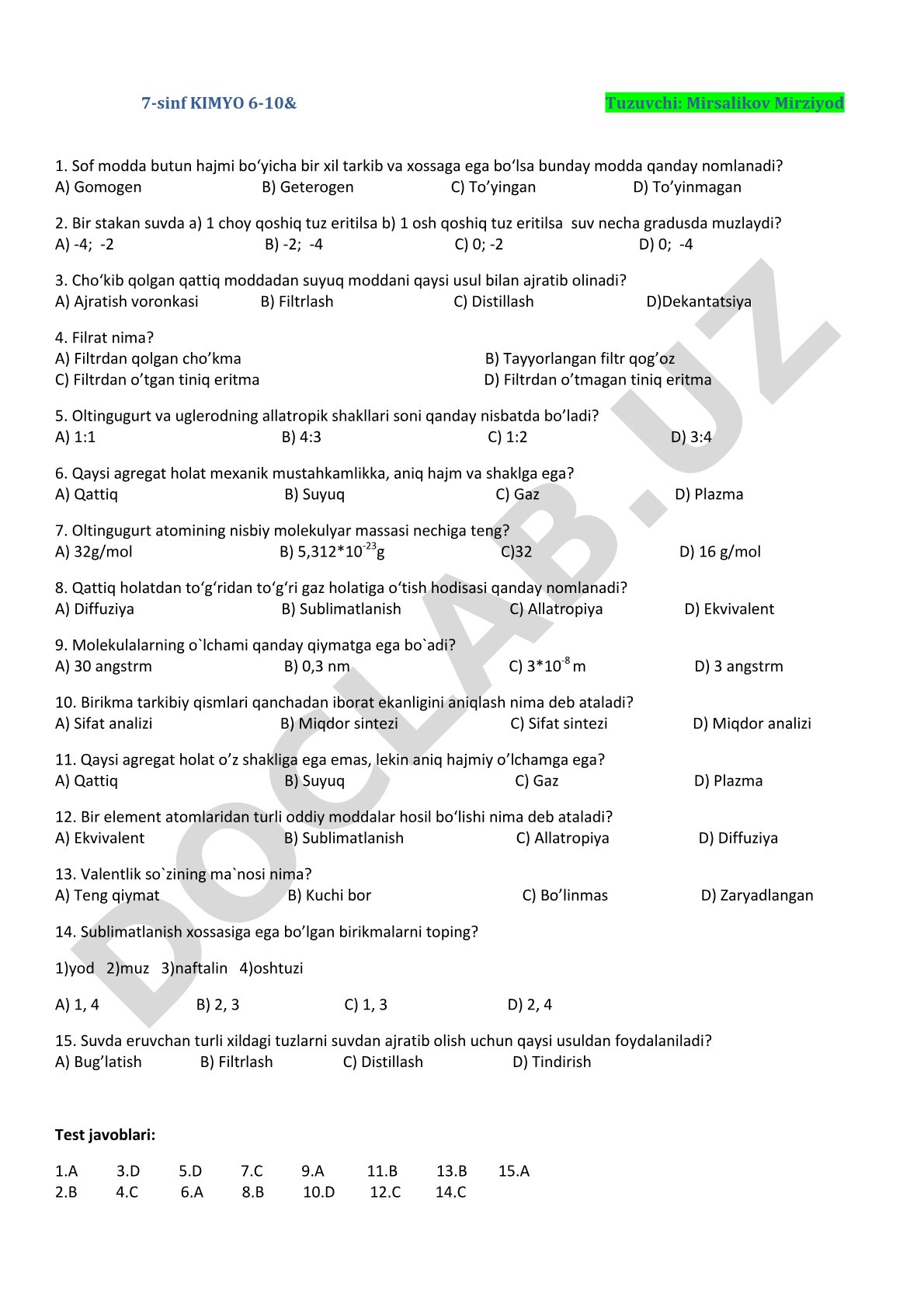 7-sinf kimyo fanidan test savollari