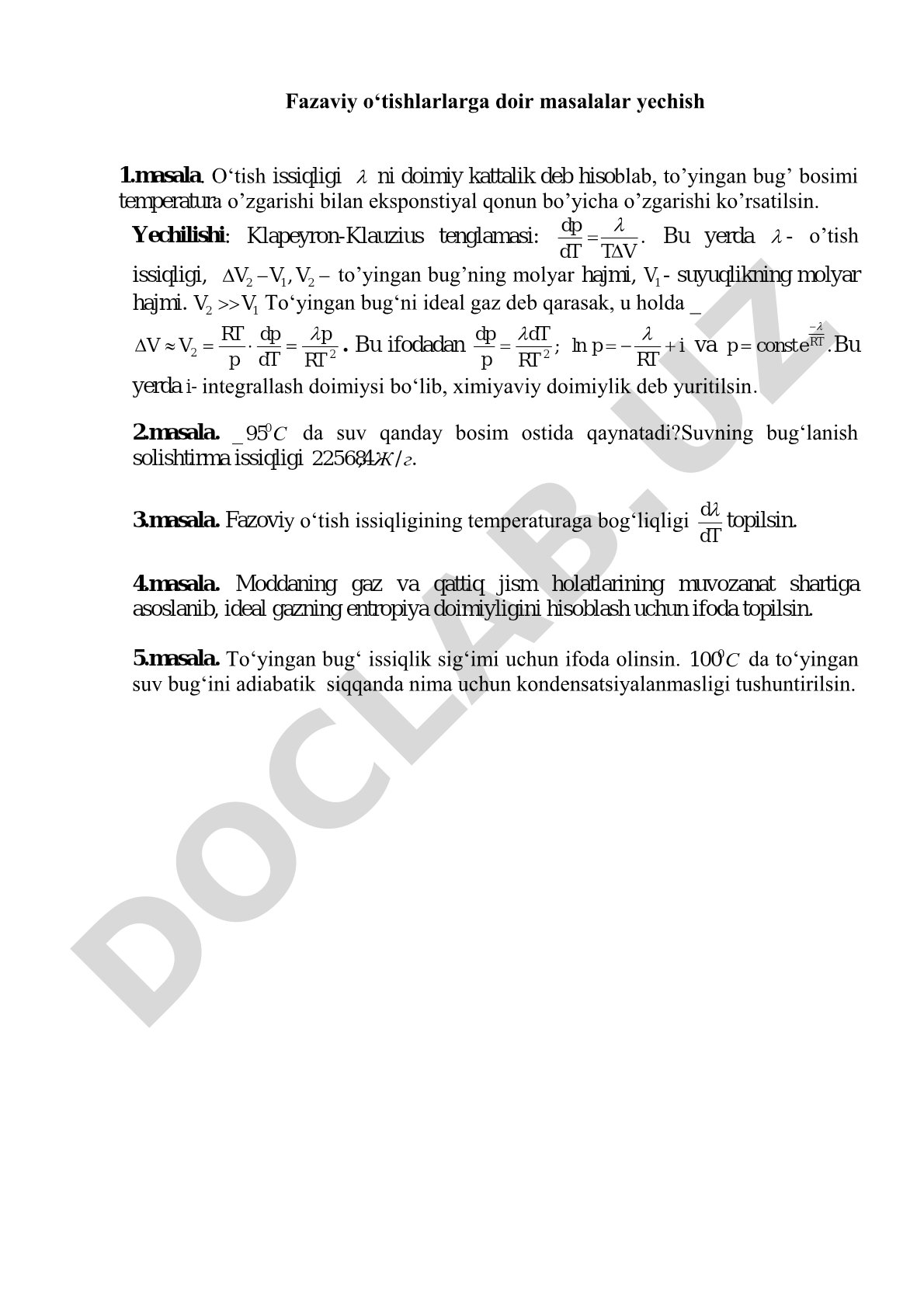 Fazaviy o‘tishlarlarga doir masalalar yechish