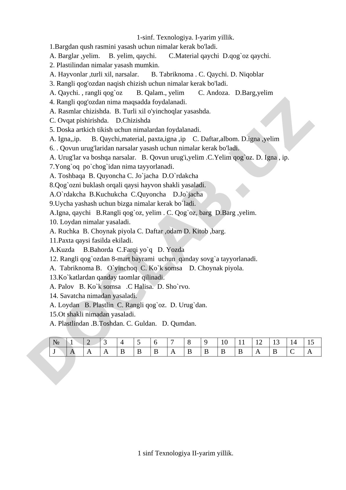 1-sinf Texnologiya fanidan I-yarim yillik test savollari