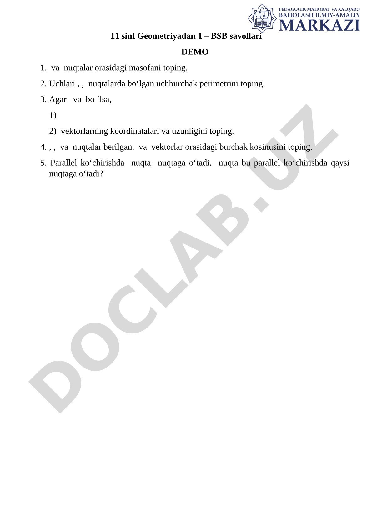 11-sinf geometriyadan BSB demo savollari