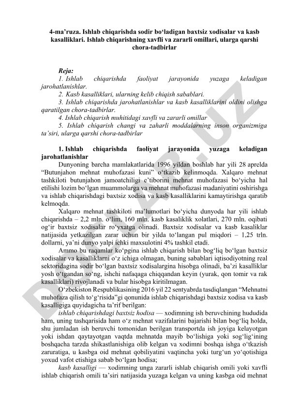 Ishlab chiqarishda baxtsiz xodisalar va kasb kasalliklari