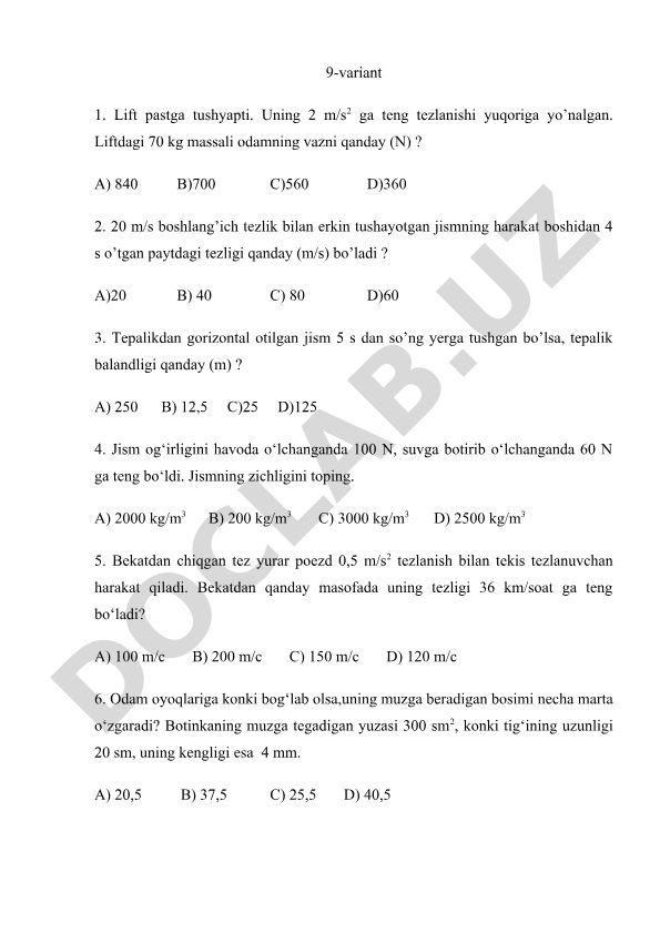Fizika fanidan test savollari va masalalar