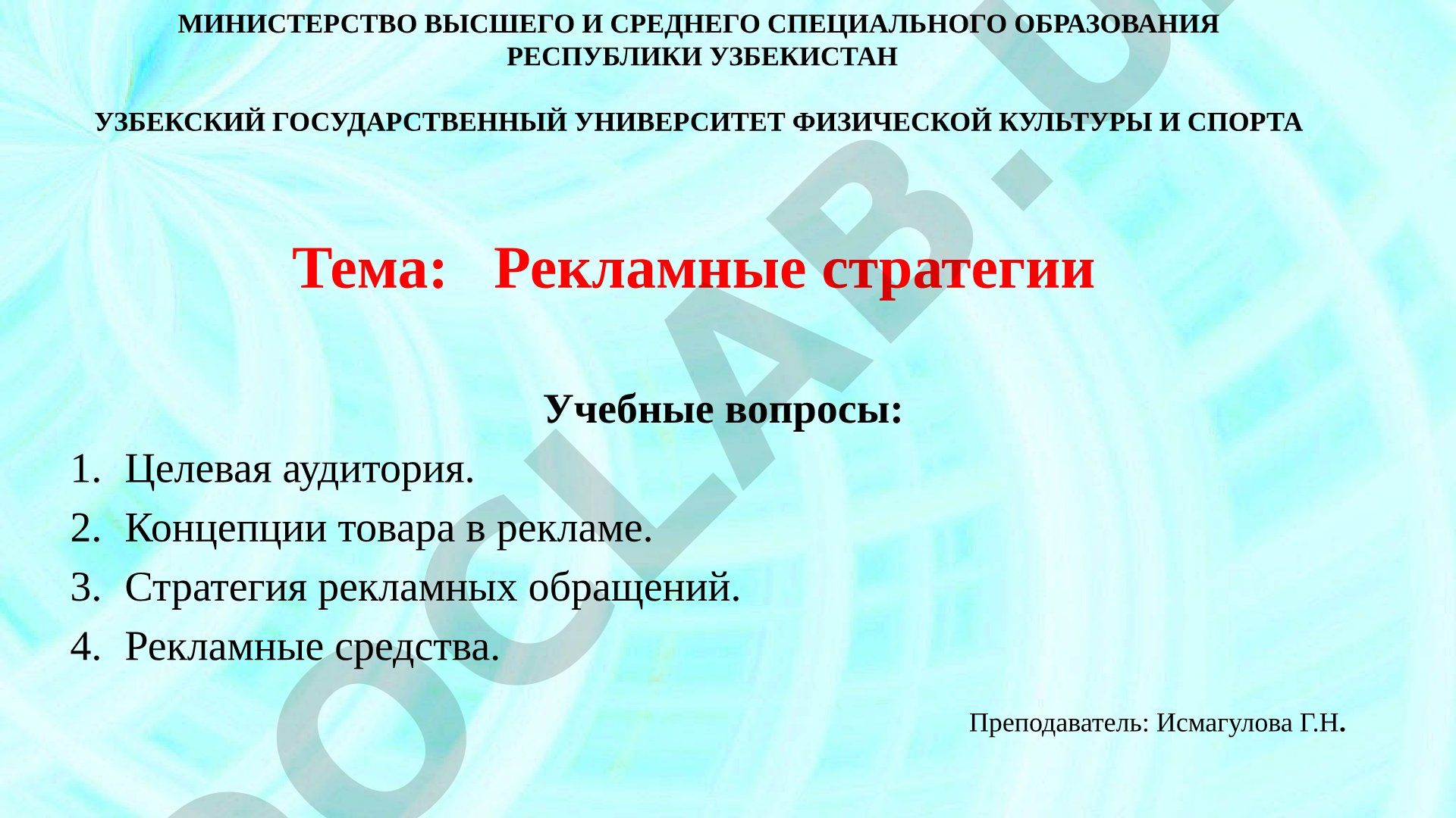 Учебные вопросы: целевая аудитория, концепции товара, стратегия обращений, рекламные