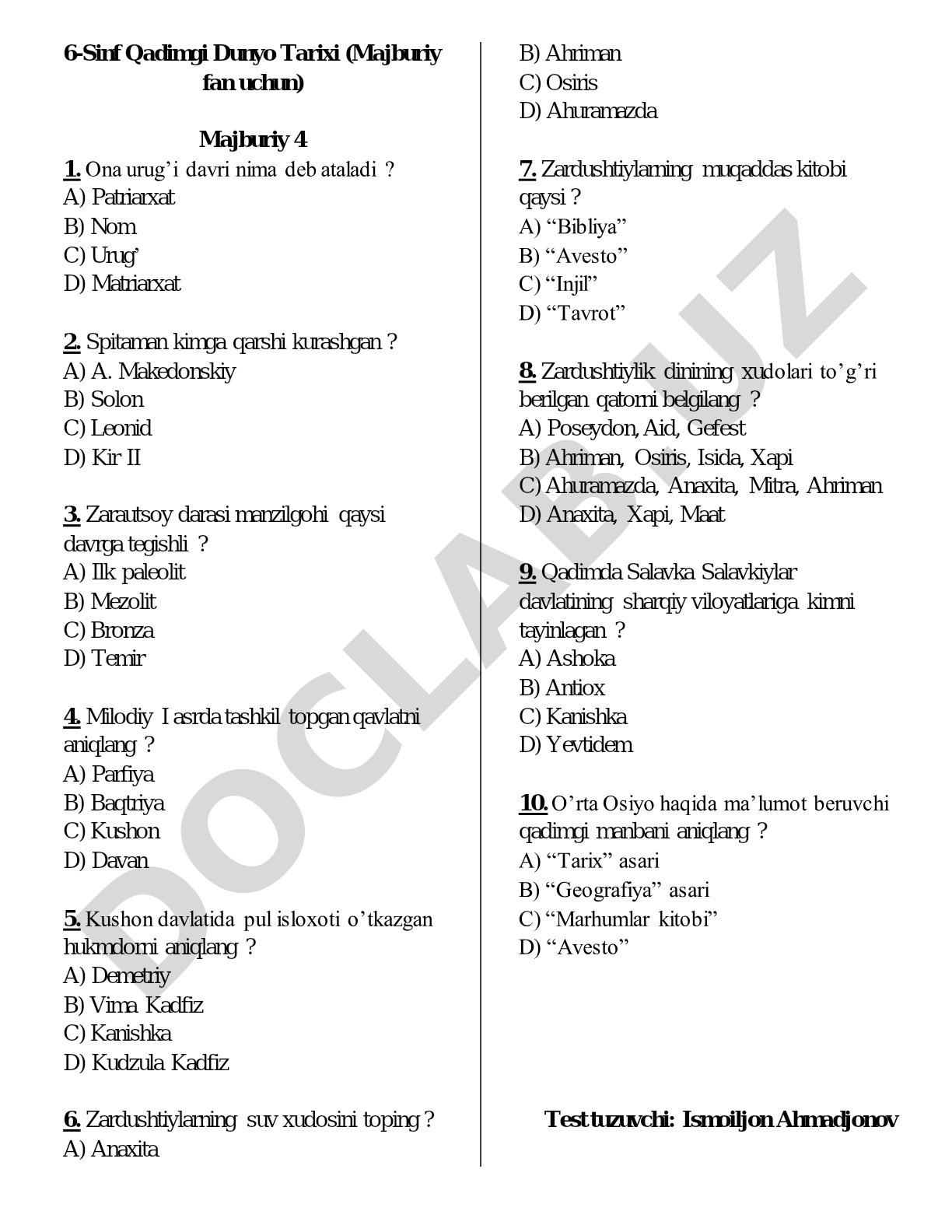 6-sinf Qadimgi Dunyo tarixi test savollari