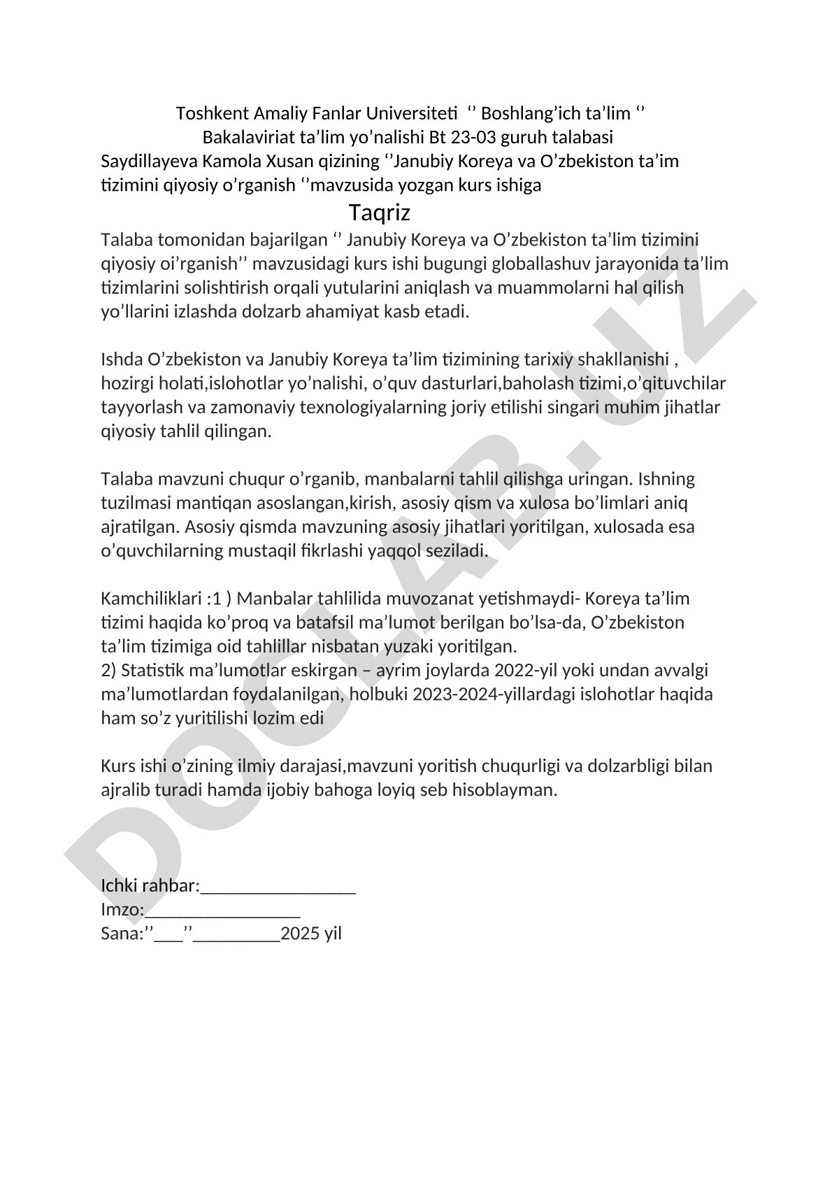 Janubiy Koreya va O’zbekiston ta’lim tizimini qiyosiy o’rganish