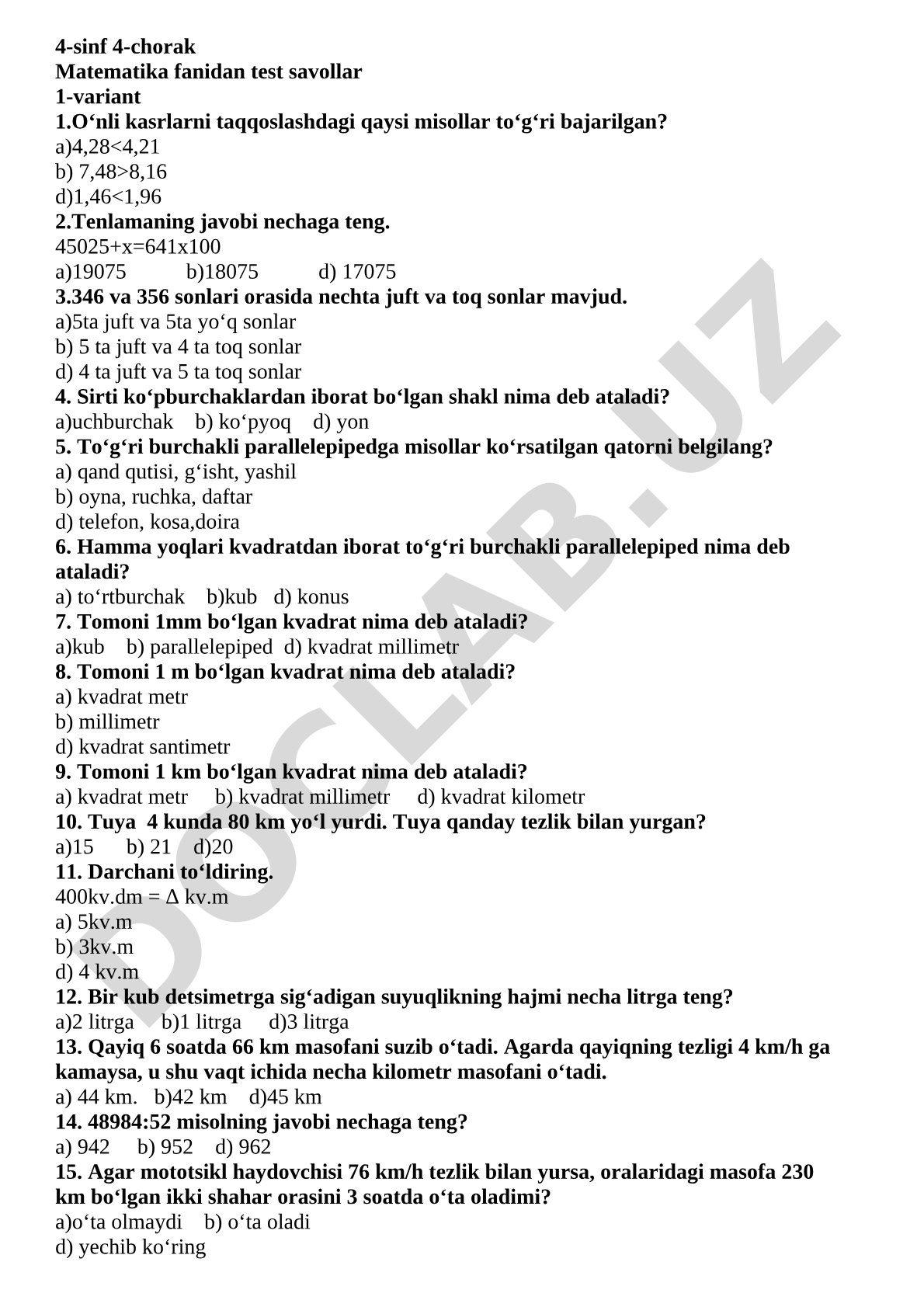 4-sinf 4-chorak Matematika fanidan test savollar 1-variant