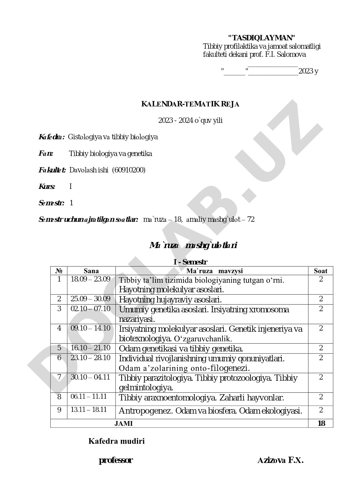 Tibbiy biologiya va genetika fanidan kalendar-tematik reja