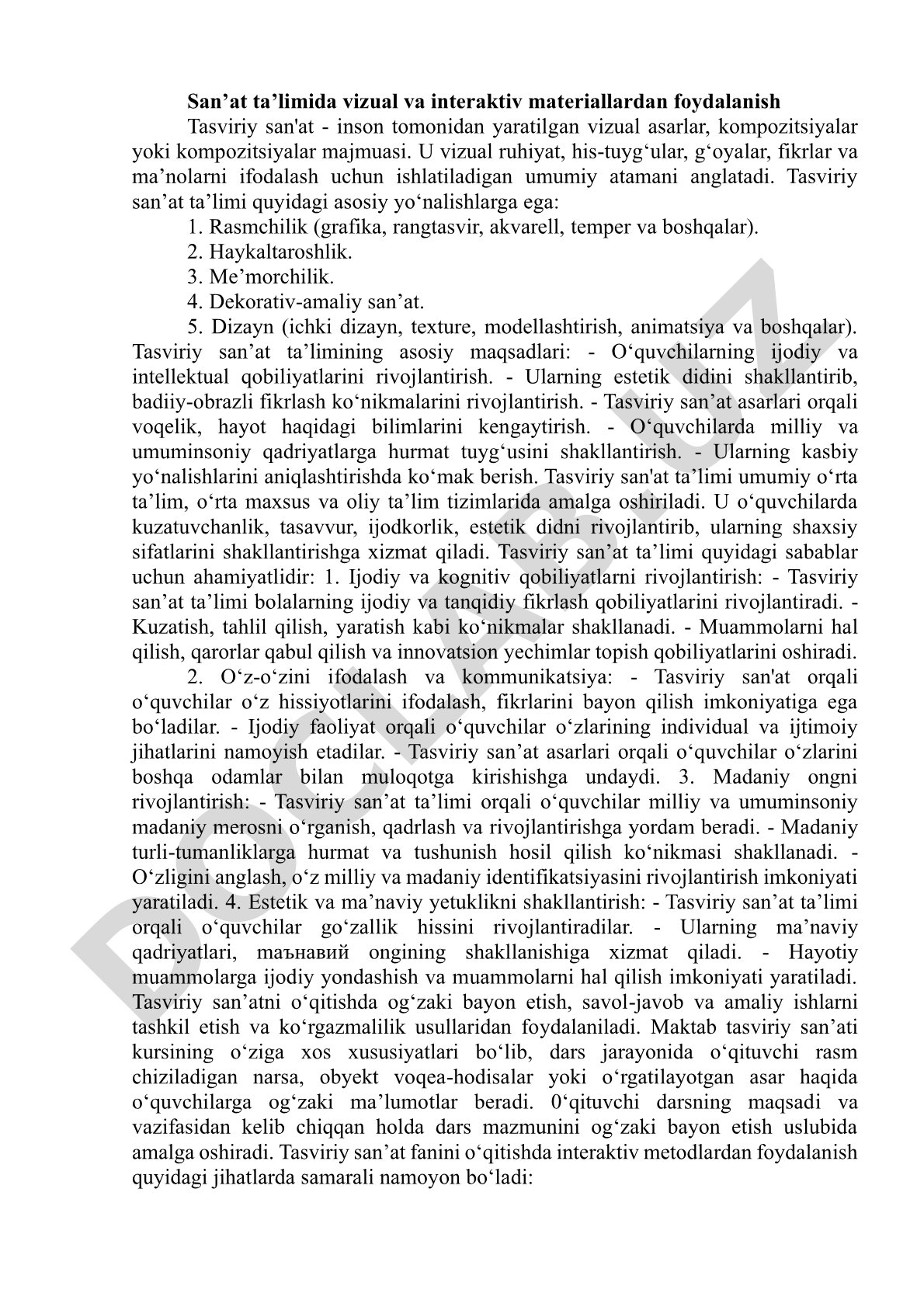 San’at ta’limida vizual va interaktiv materiallardan foydalanish