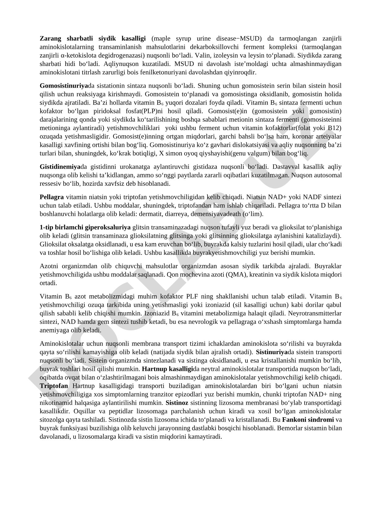Zarang sharbatli siydik kasalligi va gomosistinuriya
