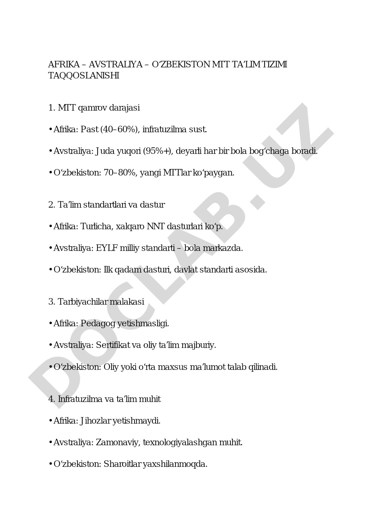 AFRIKA – AVSTRALIYA – O‘ZBEKISTON MTT TA’LIM TIZIMI TAQQOSLANISHI
