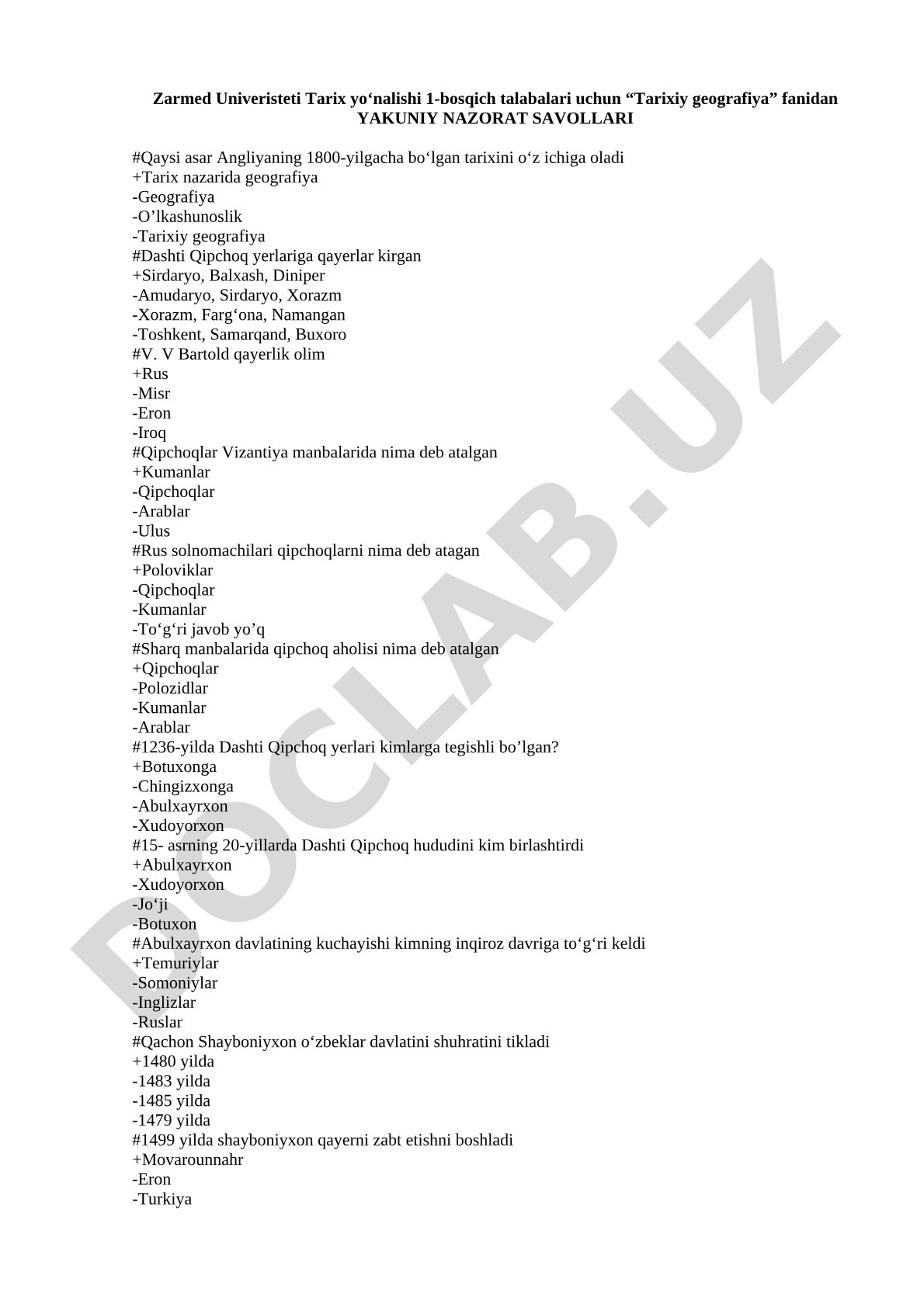 Tarixiy geografiya fanidan yakuniy nazorat savollari