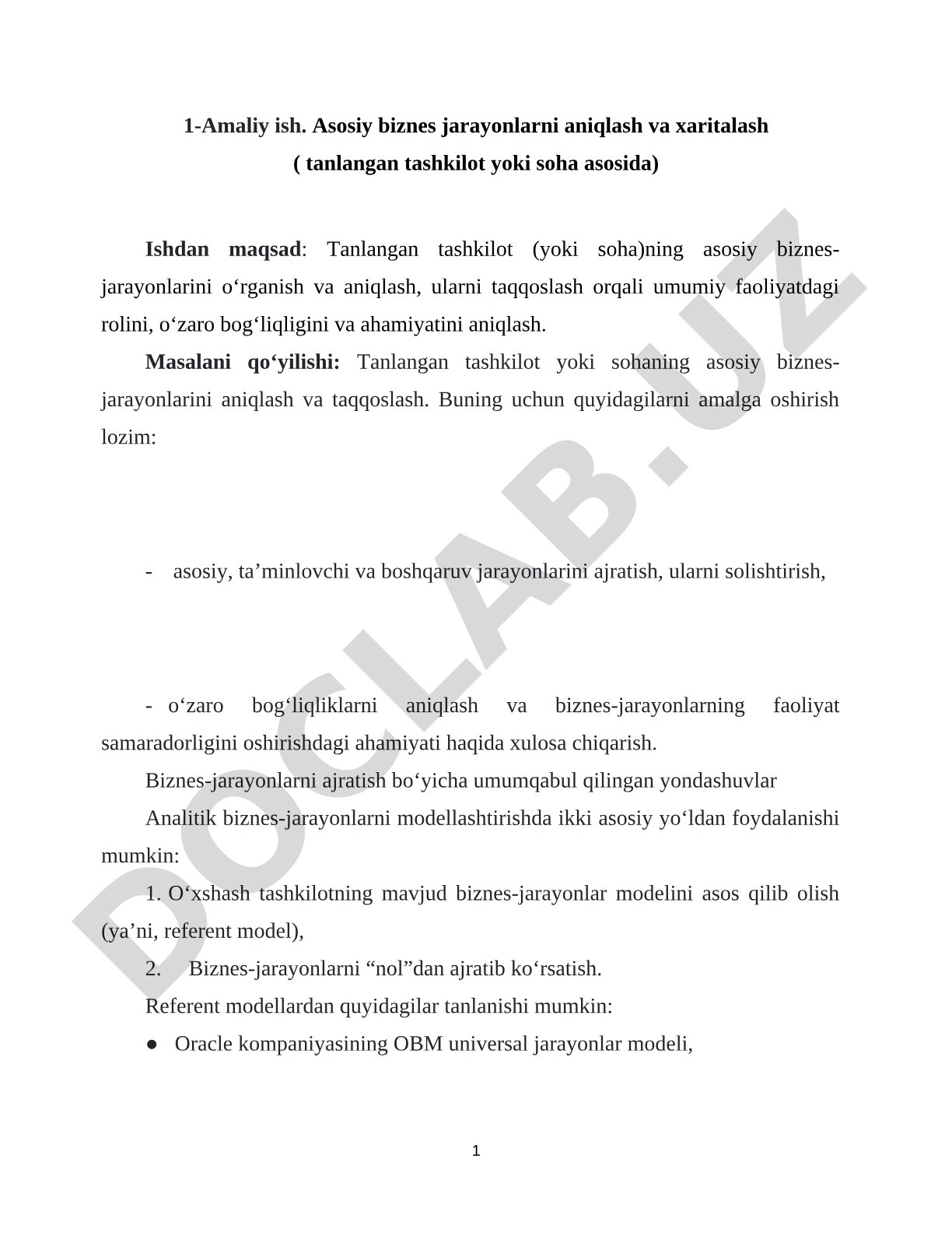 Asosiy biznes jarayonlarni aniqlash va xaritalash (tanlangan tashkilot yoki soha asosida)