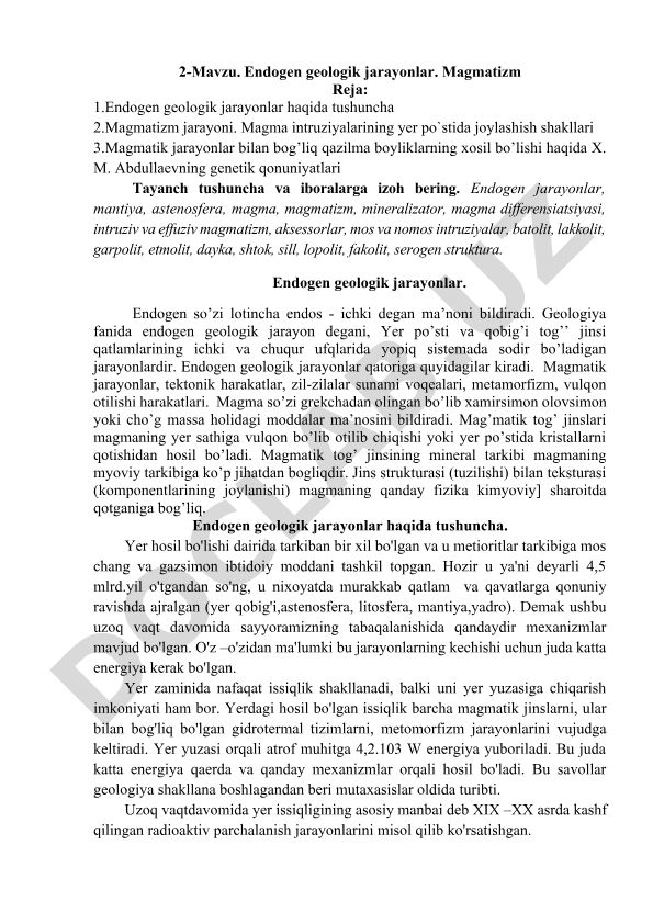Endogen geologik jarayonlar va magmatizm